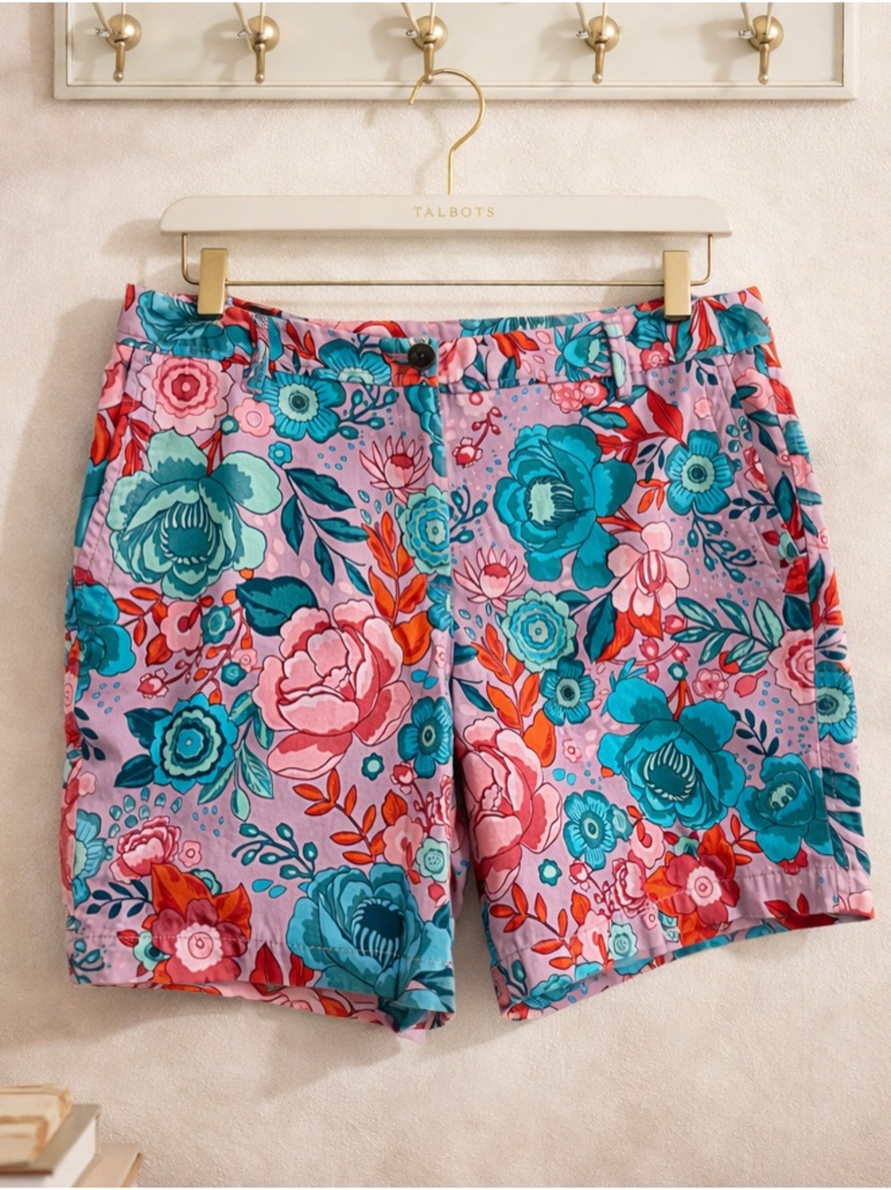 Talbots Pink Floral Cotton Bermuda Shorts with Teal Accents